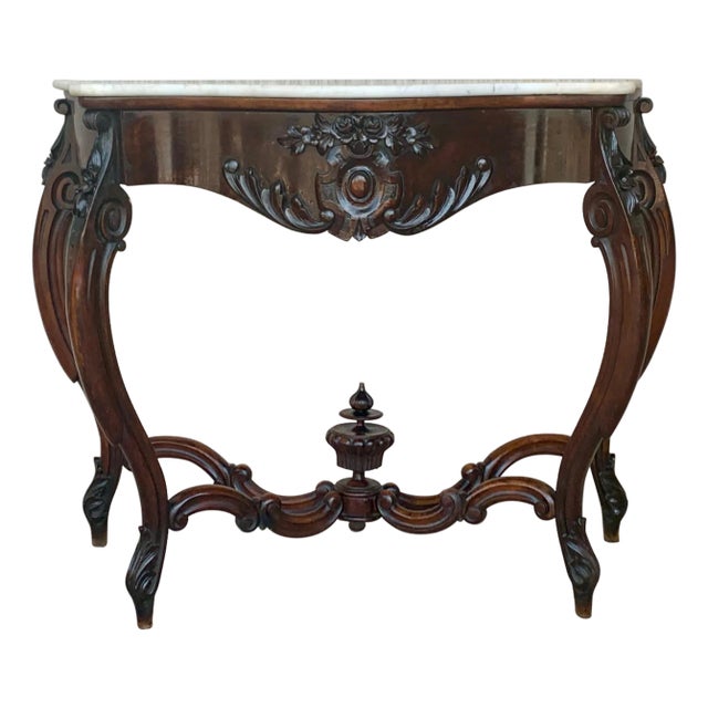 19th French Regency Carved Walnut Console Table with Drawer & Marble Top For Sale