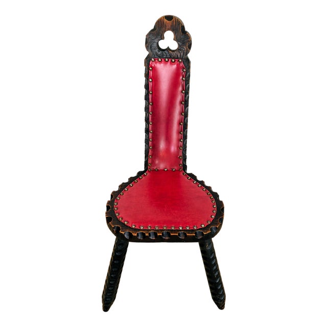 Vintage Spanish Brutalist Tripod Chair With Red Leather Upholstery For Sale