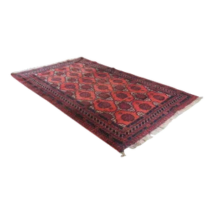 Mid 20th Century Vintage Hand Knotted Geometric Wool Red Area Rug 4'4" X 8'