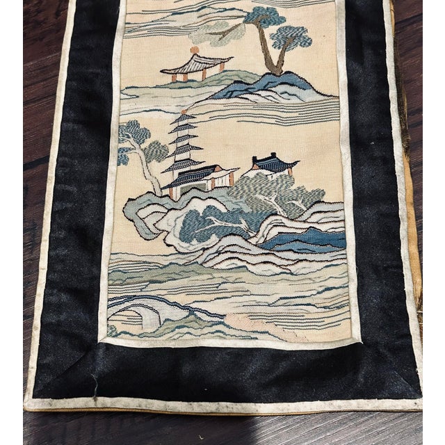 Antique Chinese Carved Rosewood Folding Screen With Hand-Embroidered Silk Landscape Panels, Late Qing / Early Republic For Sale - Image 9 of 12