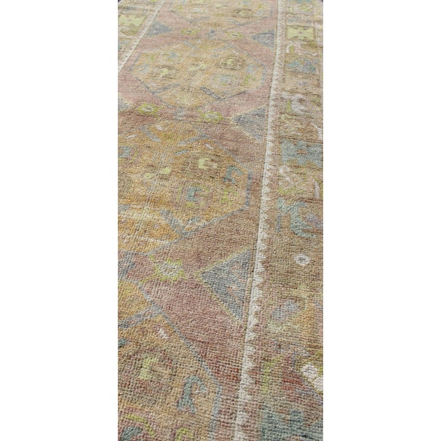 Mid 20th Century Vintage Turkish Oushak Runner With Geometric Medallions in Light Blue and Yellow For Sale - Image 5 of 7