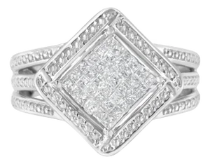 .925 Sterling Silver 2/5 Cttw Princess Cut Diamond Square On Point Cluster Composite Cocktail Ring ( EVS1010