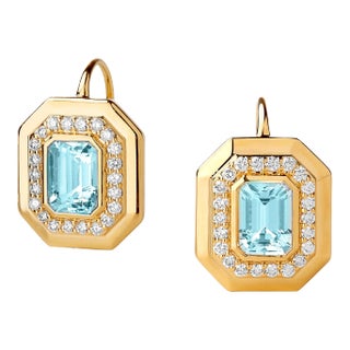 Syna Yellow Gold Geometrix Earrings with Blue Topaz and Diamonds, a Pair For Sale