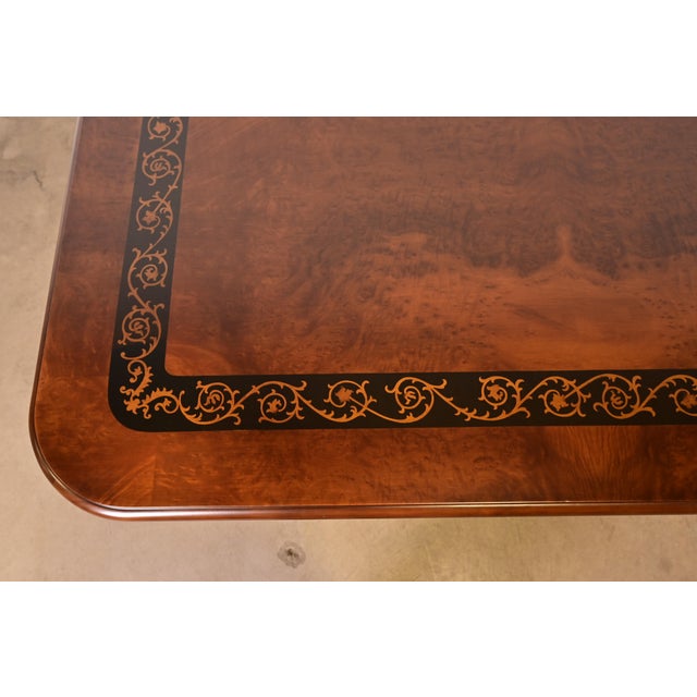 Baker Furniture Style Italian Regency Inlaid Banded Burl Wood Double Pedestal Dining Table, Newly Restored For Sale In South Bend - Image 6 of 10