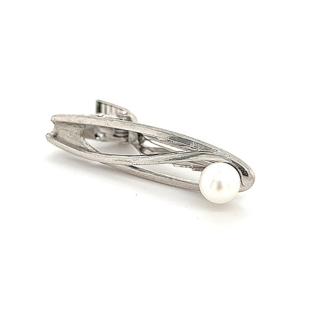 1990s Mikimoto Estate Akoya Pearl Men's Tie Clasp Silver 7 mm 5.3 Grams For Sale - Image 12 of 12