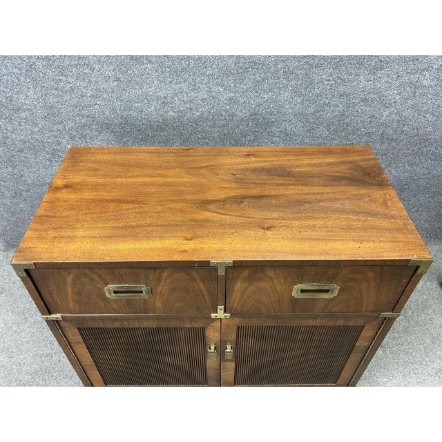 Vintage Lane Campaign Walnut Server Cabinet | Mid Century Modern Buffet | Brass Hardware Storage Cabinet For Sale - Image 6 of 9