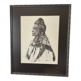 Original Vintage Native American Indian Portrait Pen and Ink Drawing by Jim Tillotson For Sale