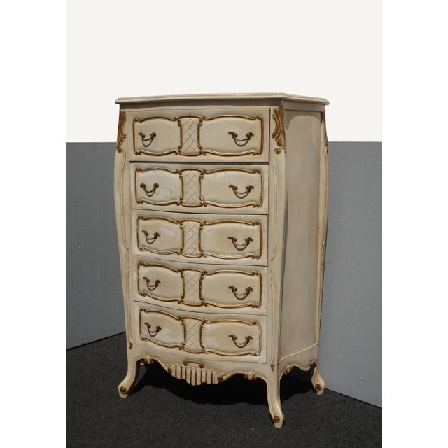 Vintage Tallboy Dresser French Country Off White With Gold Trim Chest of Drawers For Sale - Image 4 of 13