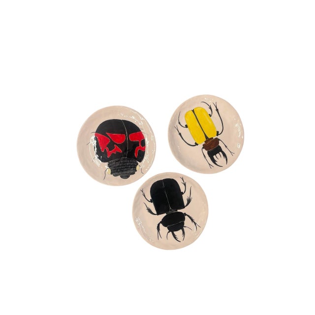 Abstract Set of 3 Vintage Handcrafted Ceramic Insect Beetle Plates For Sale - Image 3 of 12