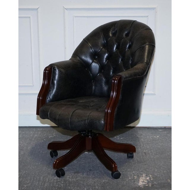Vintage Chesterfield Dark Aged Grey Leather Directors Swifel Captains Chair For Sale - Image 3 of 16