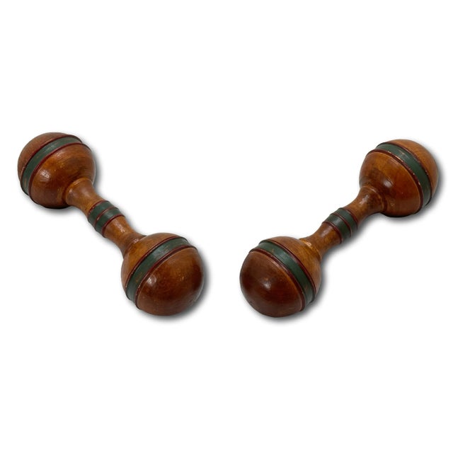 Unusual Very Small Size Antique Beech Wood Dumbbells With Wonderful Original Painted Features For Sale - Image 11 of 13