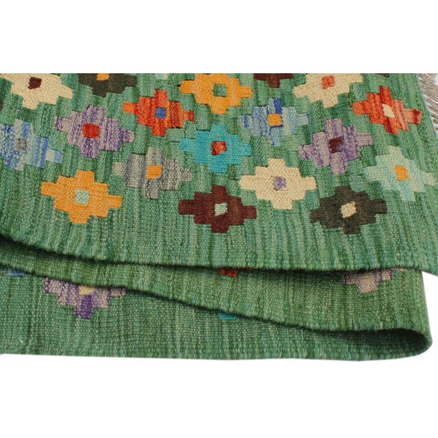 Textile Rustic Kilim Green Blue Wool Rug - 2'7" X 4'2" For Sale - Image 7 of 7