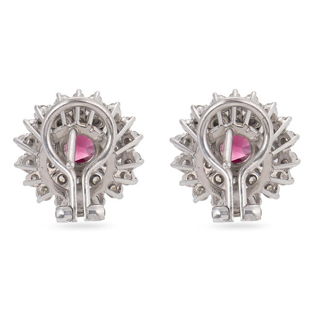 Mid Century 2.00 Carat Pink Tourmaline Diamond 18k White Gold Cluster Earrings, Pair For Sale In Los Angeles - Image 6 of 6
