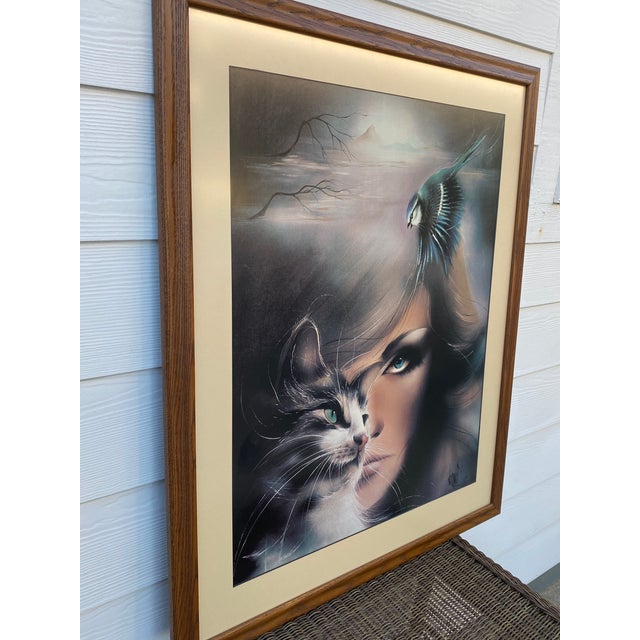 Mid-Century Modern 1980s Vintage Luc Genot "L'Océane" Fantasy Cat Woman Framed Lithograph Print - Verkerke Gallery For Sale - Image 3 of 9