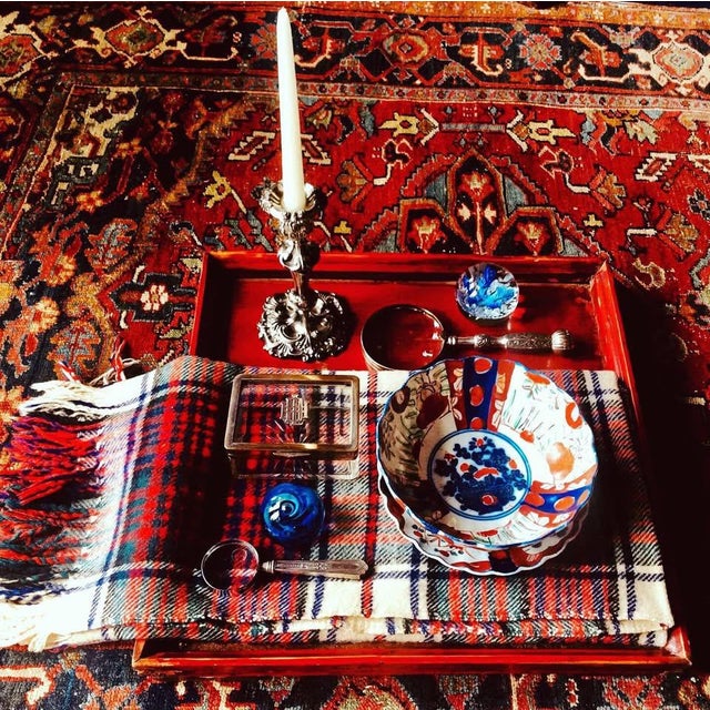 Chinese 19th Century Chinese Elmwood Red Lacquer Tea Tray - Hand Made & Hand Painted For Sale - Image 3 of 12