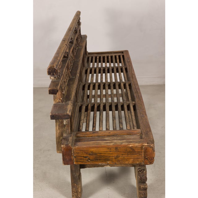 Asian Antique Chinese Rustic Wood Bench with Carved Openwork Back For Sale - Image 3 of 14