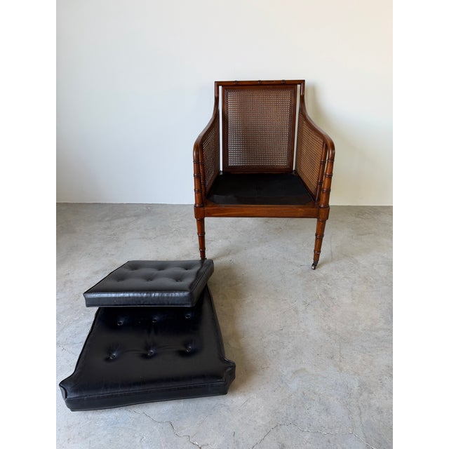 1970s Hickory Chair Regency Style Faux Bamboo Caned Lounge Armchair on Brass Casters For Sale - Image 10 of 12