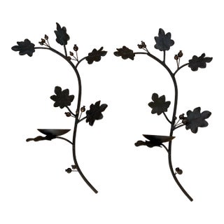 Pair of Pottery Barn Cast Bronze Ivy and Berries Wall Mounted Candle Sconces For Sale