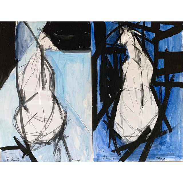 A gestural abstract drawing of a horse on paper viewed from above, enhanced with a blue watercolor wash that adds...