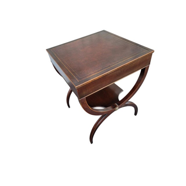 1920s Antique Regency Mahogany Table Inlaid Leather Top 1 Drawer Stenciled Detail For Sale In Philadelphia - Image 6 of 11