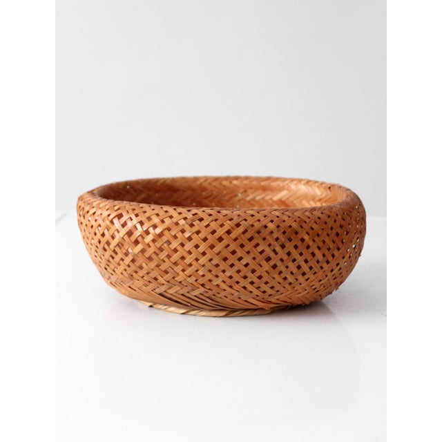 Contemporary Vintage Woven Bamboo Basket Bowl With Rounded Sides For Sale - Image 3 of 14