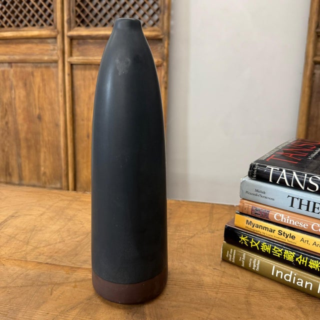 Late 20th Century Skinny Midnight Black Ceramic Matte Vase with Brown Base For Sale - Image 5 of 8