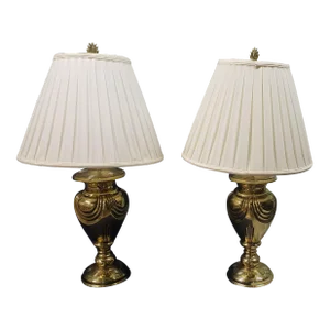 Pair of Brass Colored Stiffel Bulbous Shape Table Lamps With Weighted Bases