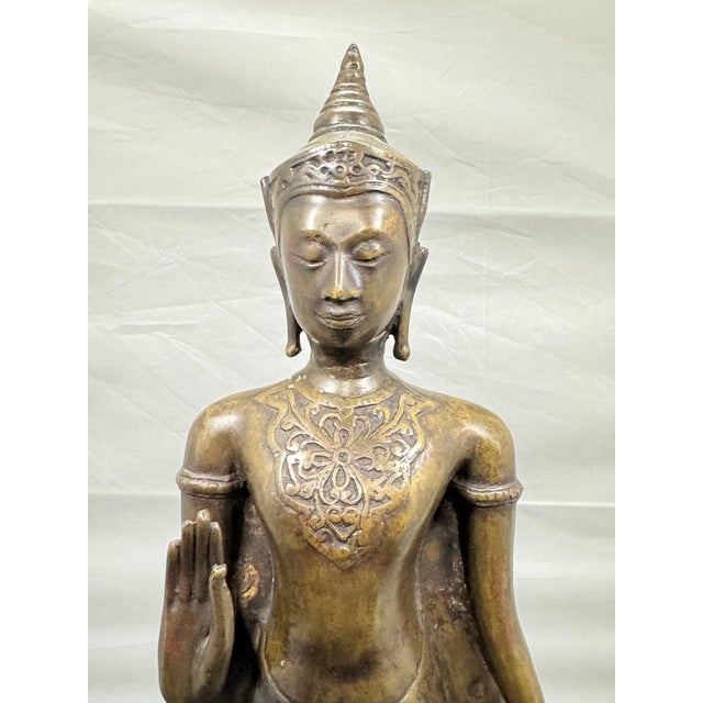 17th Century Thai Ayutthaya Bronze Crowned Standing Buddha Statue - 21" For Sale - Image 4 of 12