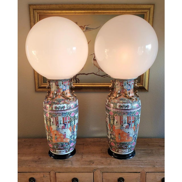 Pair of Large Table Lamps Made from Antique Rose Medallion 19th Century Porcelain Palace Vases Unique Custom Made Globe...