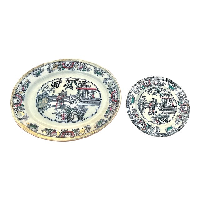 Ashworth Antique Porcelain Platter & Small Plate For Sale