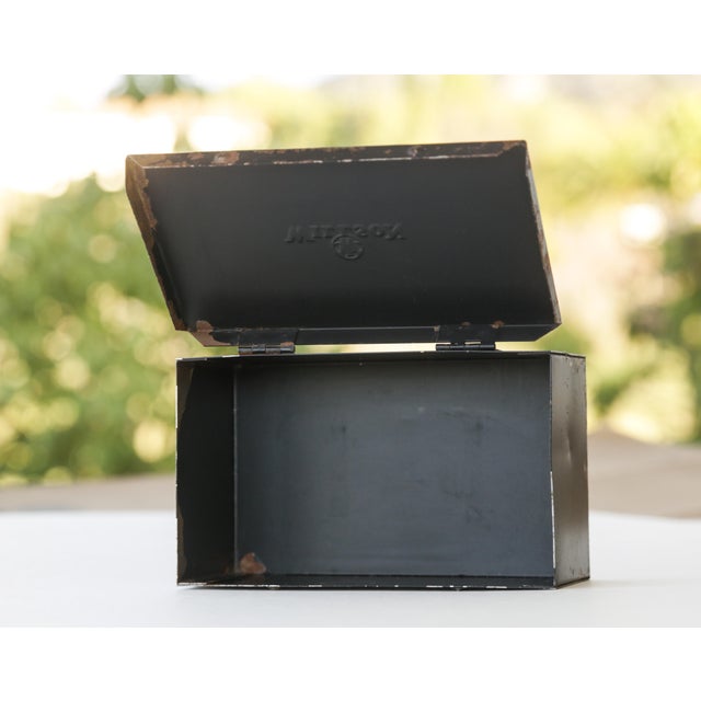 30s Vintage Industrial Metal Steel Tool Box With Rusty Patina and Chipping Black Paint For Sale - Image 11 of 17