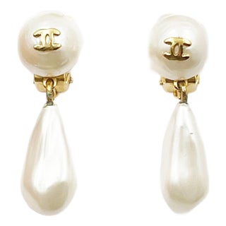 Chanel Vintage Gold Plated CC Pearl Tear Drop Dangle Clip on Earrings, Pair For Sale