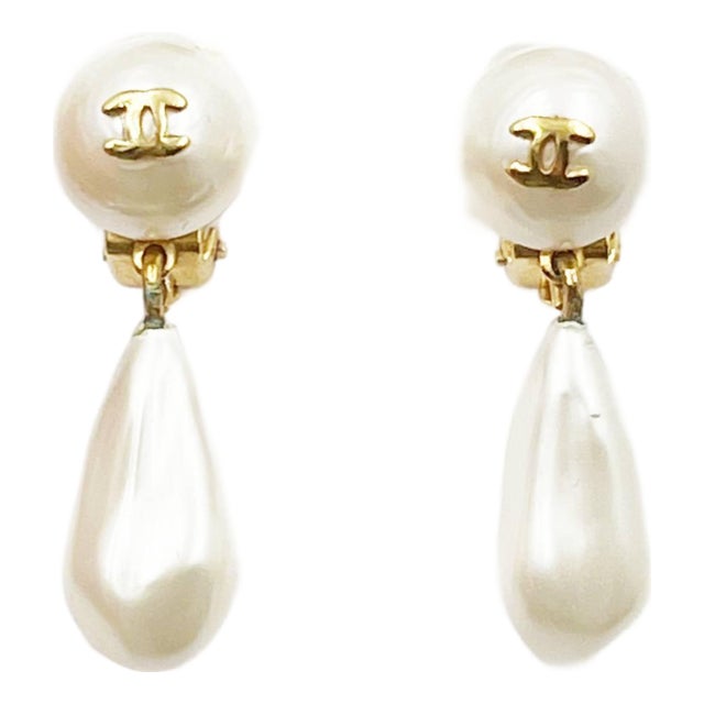 Chanel Vintage Gold Plated CC Pearl Tear Drop Dangle Clip on Earrings, Pair For Sale