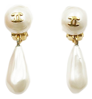 Chanel Vintage Gold Plated CC Pearl Tear Drop Dangle Clip on Earrings, Pair