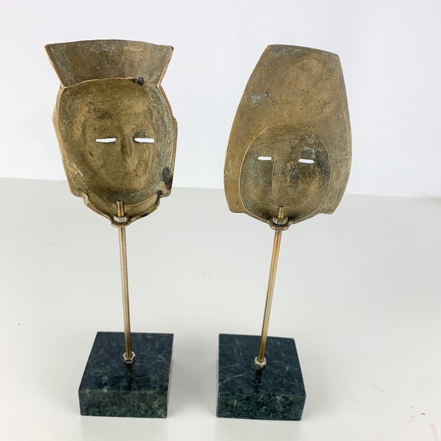 Mid 20th Century Pair Vintage Polished Brass Mid Century Asian Mask Buddha Head on Marble Base For Sale - Image 4 of 10