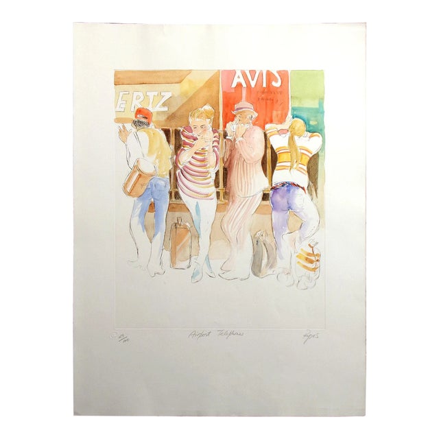 William Papas "Airport Telephones" Signed Numbered Hand Colored Drypoint Etching For Sale