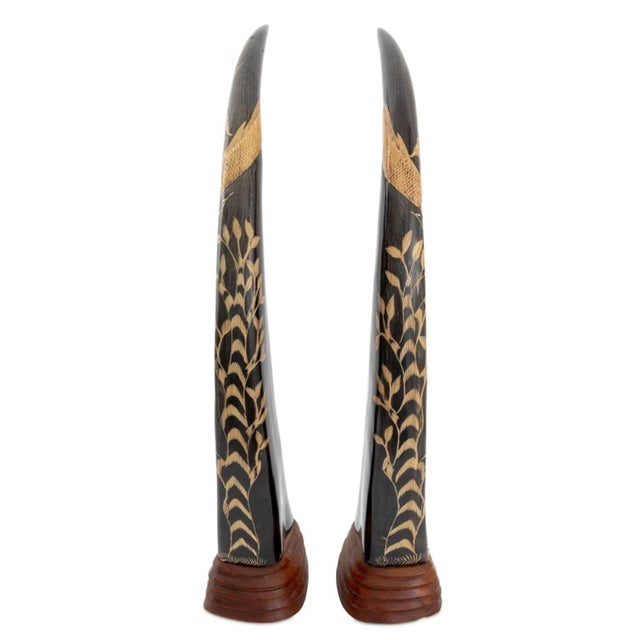 Thai Carved Buffalo Horn Sculptures, Pair For Sale - Image 4 of 5