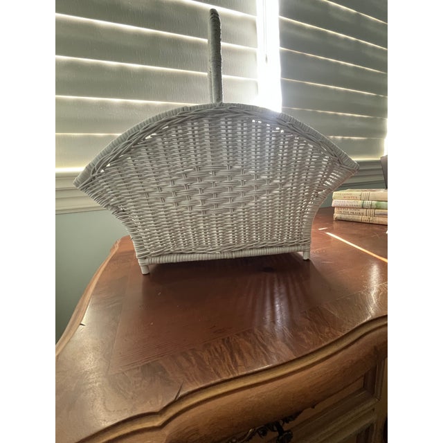 Farmhouse Vintage White Painted Wicker Magazine Holder For Sale - Image 3 of 6