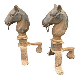 Pair of Antique Cast Iron Figural Horse Head Andirons Fireplace Chenets For Sale