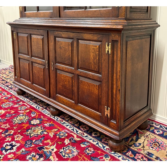 Antique English Large Bookcase Bookshelf Cabinet Double Door Glass Oak C. 1910s For Sale - Image 15 of 18