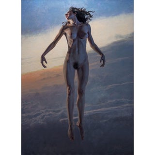 Reverie by Dave Seeley | Oil on Canvas on Panel Woman floating in a sky with clouds at sunset. For Sale