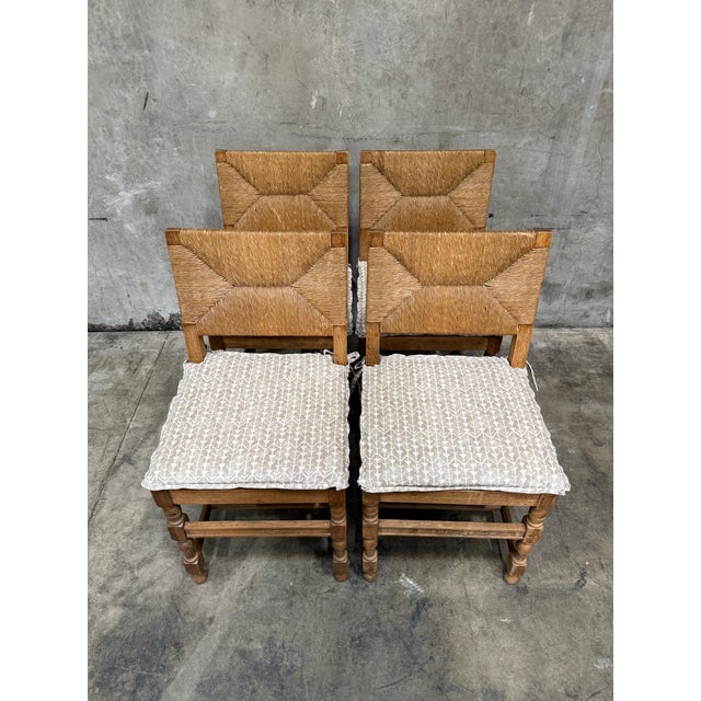 Farmhouse Vintage French Rush Seat Back Oak Dining Chairs Set of Four Bleached Farmhouse For Sale - Image 3 of 17