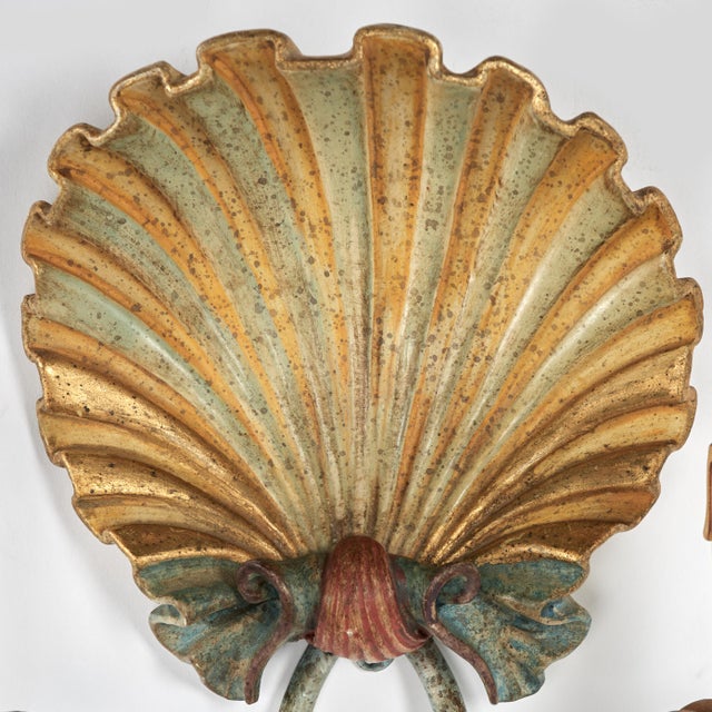 Wood Antique Italian Three Piece Sconce Set With Seashell and Cat Tails For Sale - Image 7 of 11