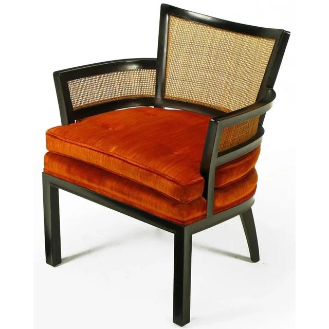 Baker Furniture Company Baker Ebonized Mahogany & Cane Button Tufted Arm Chairs - a Pair For Sale - Image 4 of 11