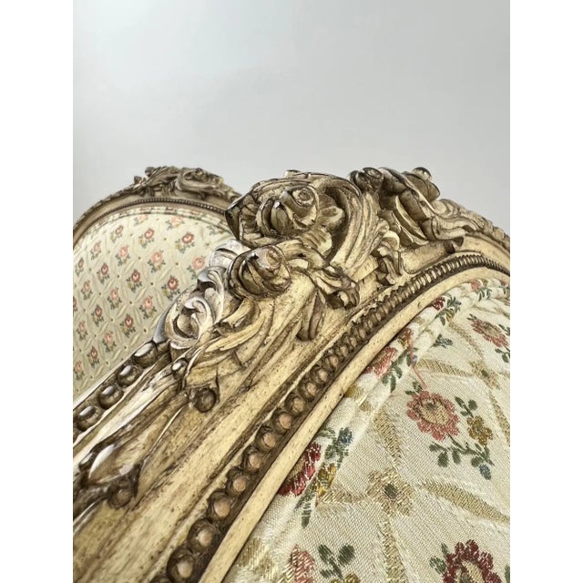 French Louis XV Style Bergère Armchair, Painted Frame, Floral Embroidery, a Pair For Sale - Image 10 of 15