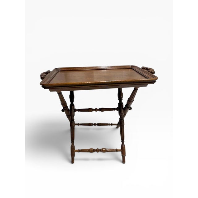 Brown 1930s English Oak Butler’s Tray Table With Turned Folding Base For Sale - Image 8 of 11