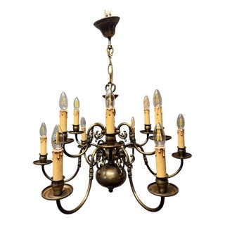 Flemish Brass Two-Tier Twelve Branch Chandelier For Sale