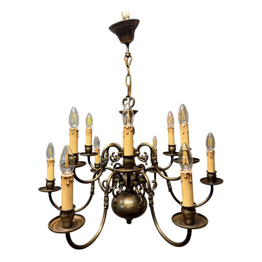 Flemish Brass Two-Tier Twelve Branch Chandelier For Sale