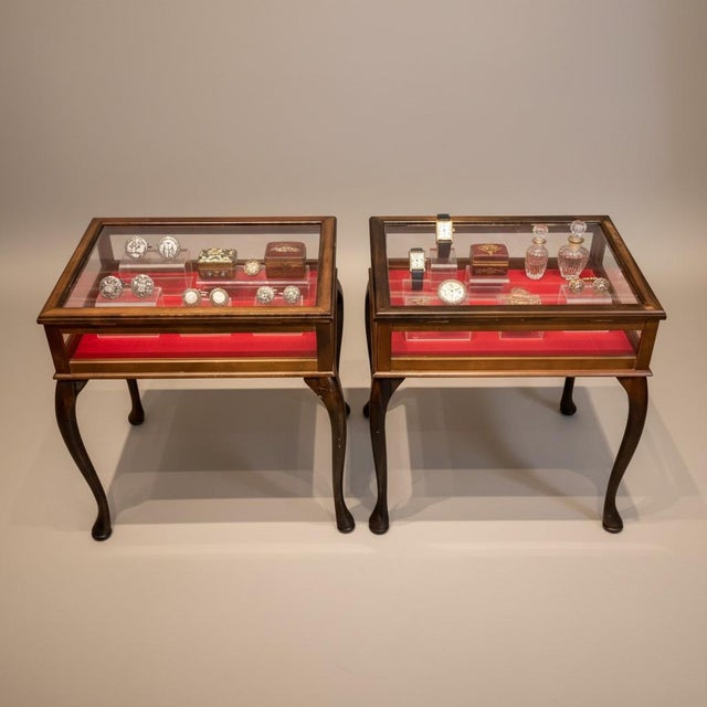 Wood Vintage Glass Top Display Side Tables Pair-Queen Anne-Jewelry Vitrine-Case-Curio For Sale - Image 7 of 10