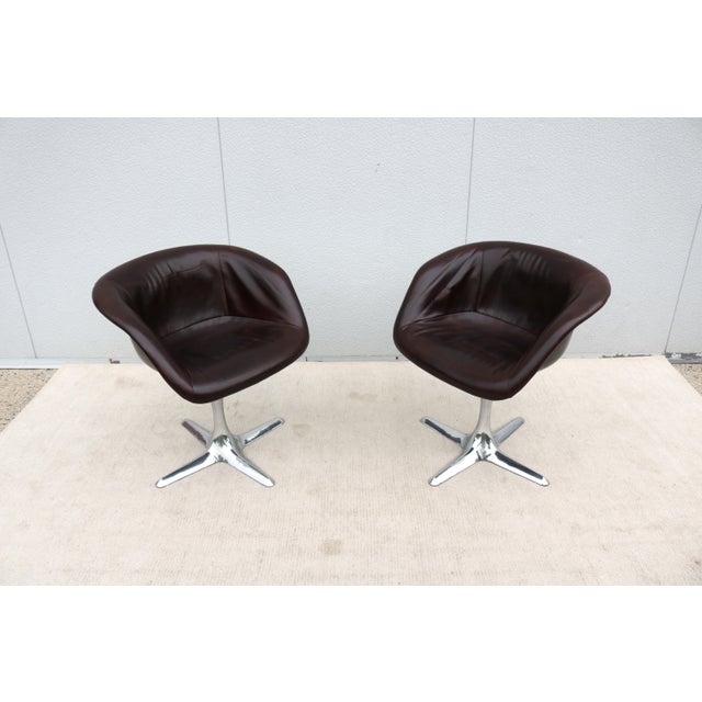 Mid-Century Modern 1960 Mid-Century Modern Burke Division Brown Leather Swivel Bucket Chairs, a Pair For Sale - Image 3 of 18